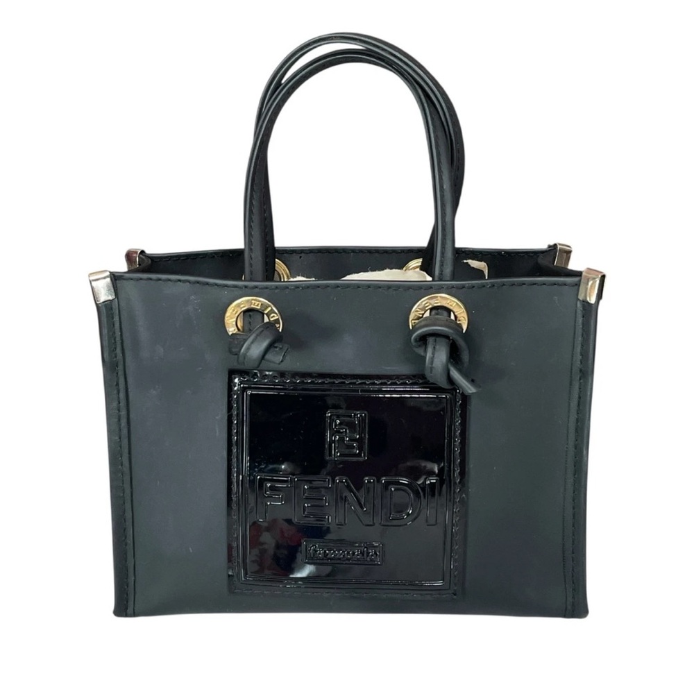 Auth Fendi Logo Vinyl x Leather Black Mini Handbag